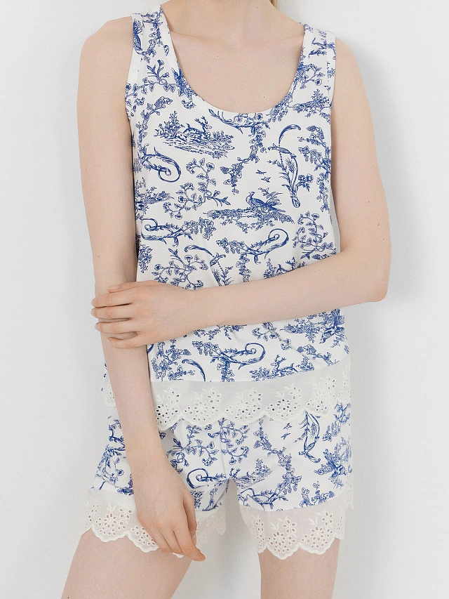 Комплект домашний женский белый с принтом и кружевом - 10