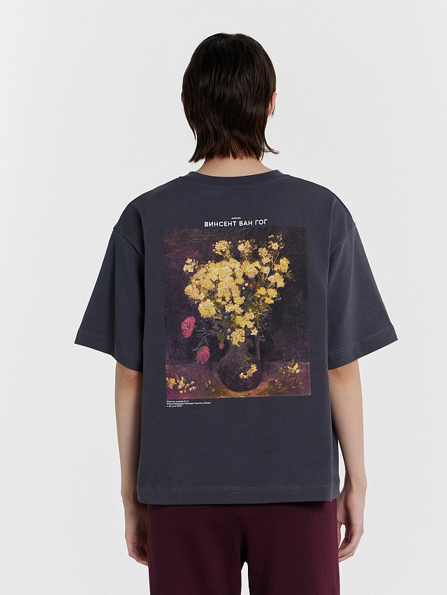 Футболка женская серая с принтом "Винсент Ван Гог, Маки" - 2