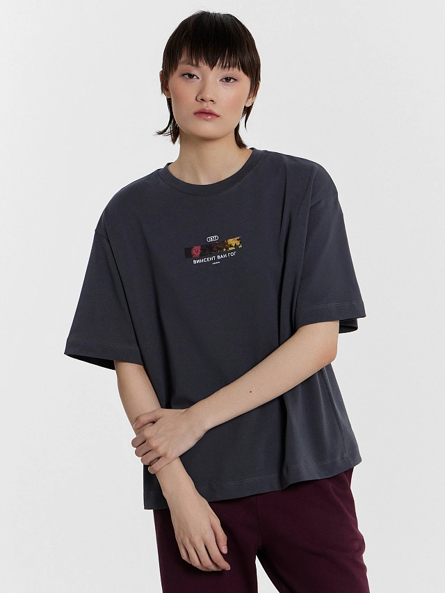 Футболка женская серая с принтом "Винсент Ван Гог, Маки" - 3