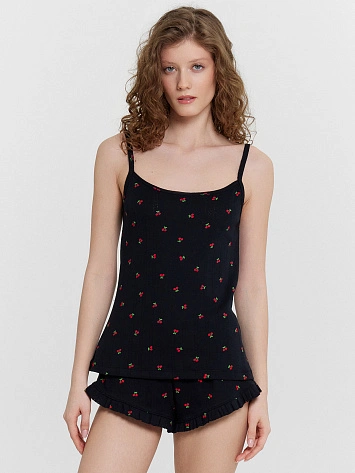 Комплект домашний женский черный с принтом "вишенки"