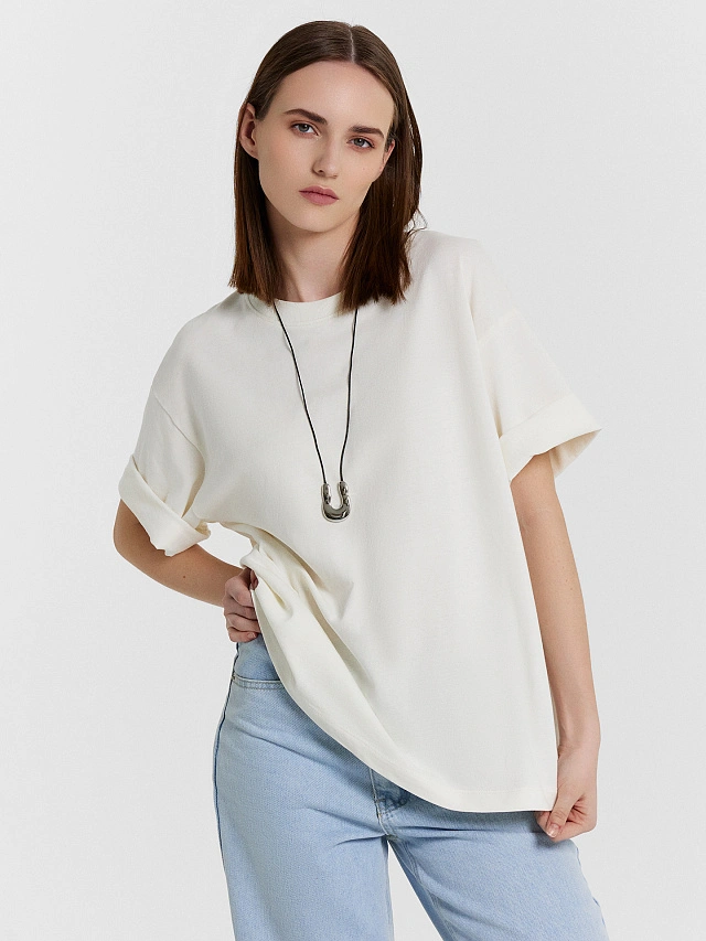 Футболка женская кремовая оверсайз - 5