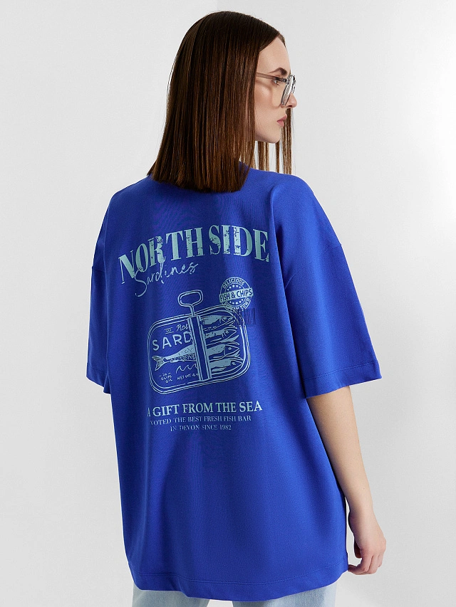 Футболка женская синяя с принтом и надписью "north side" - 5