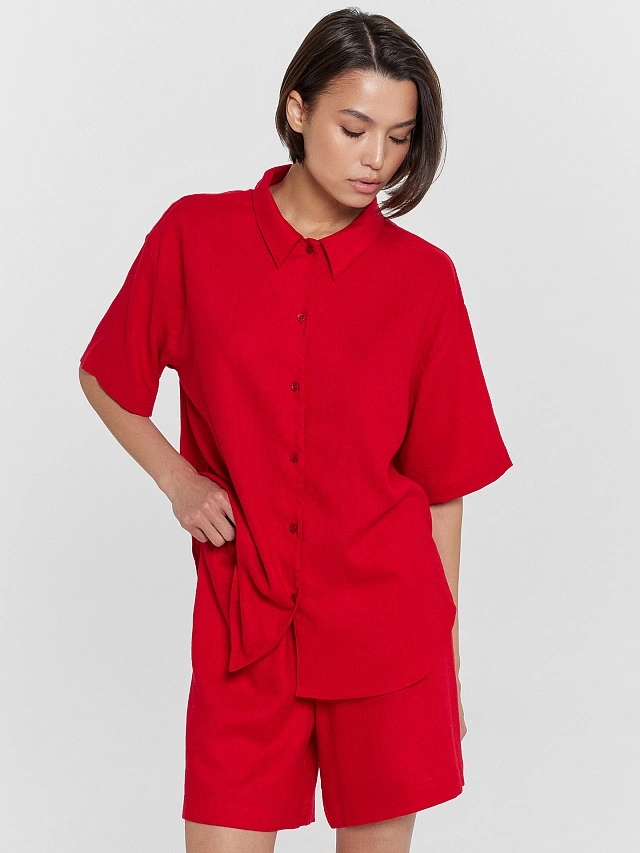 Комплект женский красный: рубашка и шорты - 3