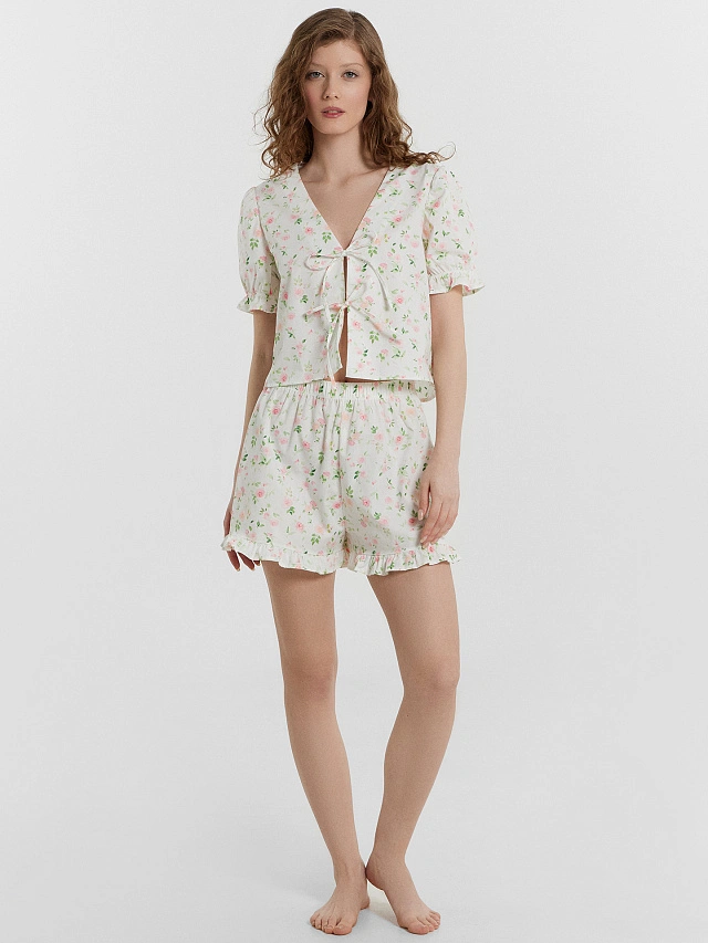 Комплект домашний женский кремовый с цветочным принтом - 2