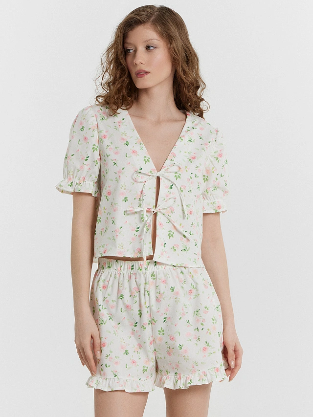 Комплект домашний женский кремовый с цветочным принтом - 4