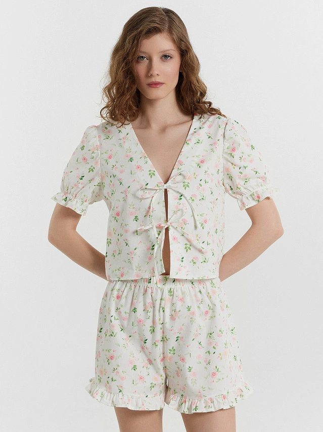 Комплект домашний женский кремовый с цветочным принтом - 9