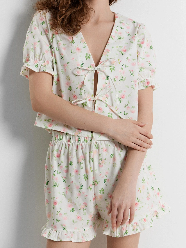 Комплект домашний женский кремовый с цветочным принтом - 10