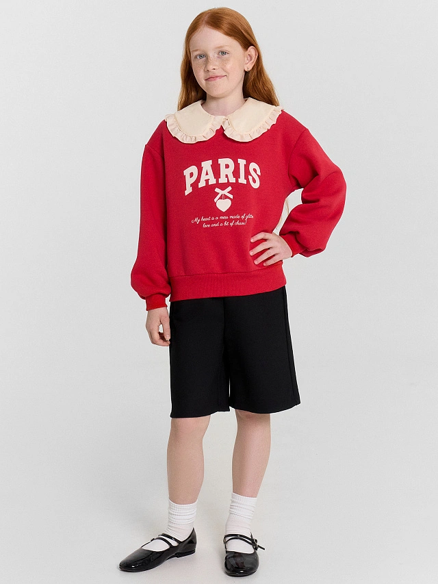Джемпер для девочек красный с принтом и надписью "Paris" - 4