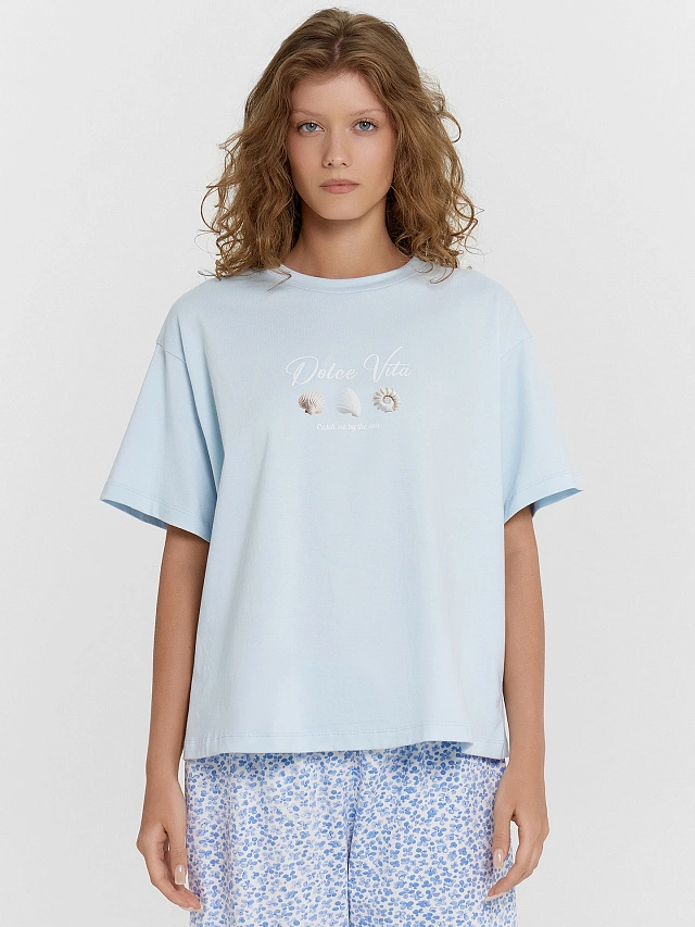 Комплект домашний женский голубой с принтом и надписью "Dolce Vita" - 3