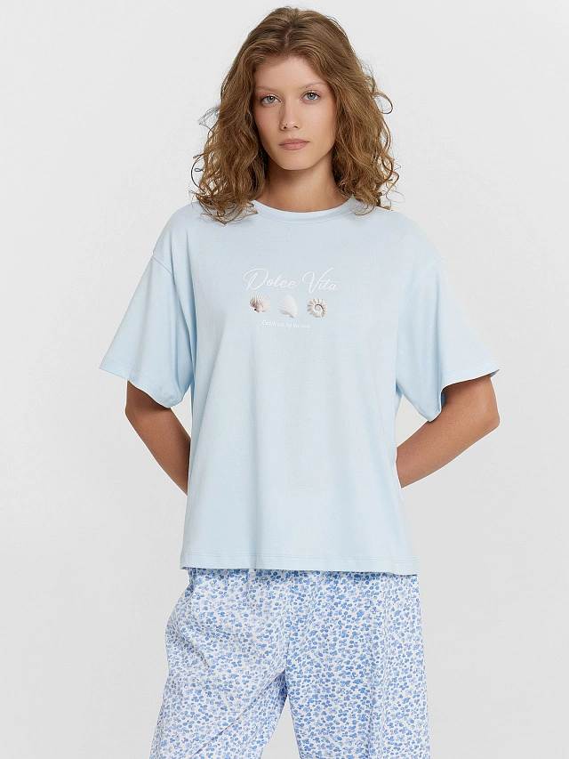 Комплект домашний женский голубой с принтом и надписью "Dolce Vita" - 8