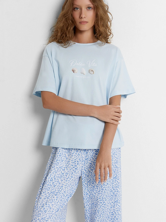 Комплект домашний женский голубой с принтом и надписью "Dolce Vita" - 9
