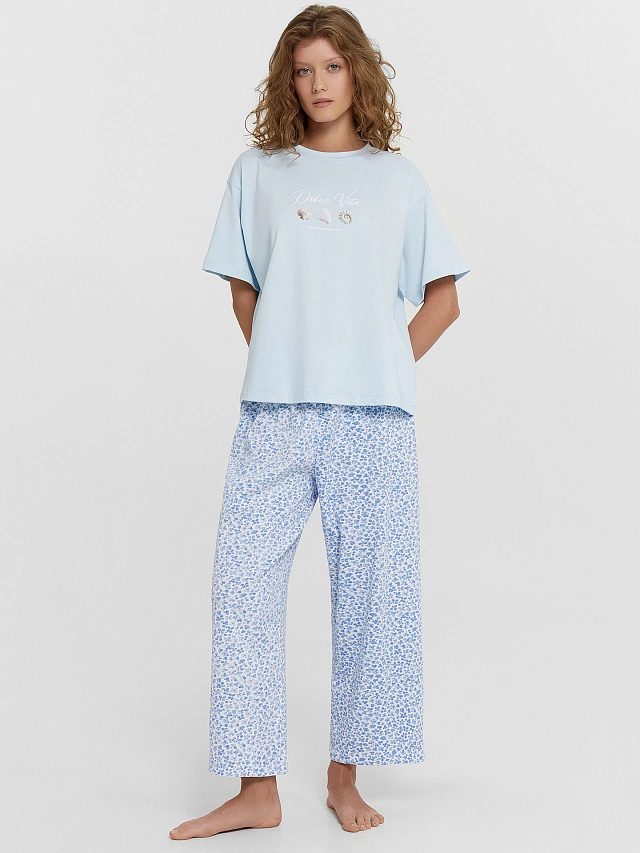 Комплект домашний женский голубой с принтом и надписью "Dolce Vita" - 11