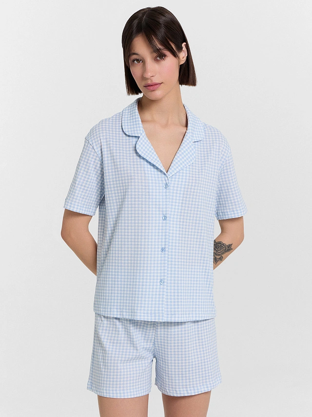 Комплект домашний женский голубой в клетку - 9