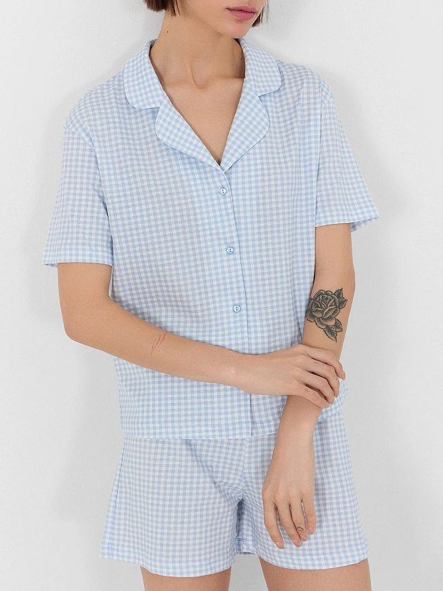 Комплект домашний женский голубой в клетку - 10