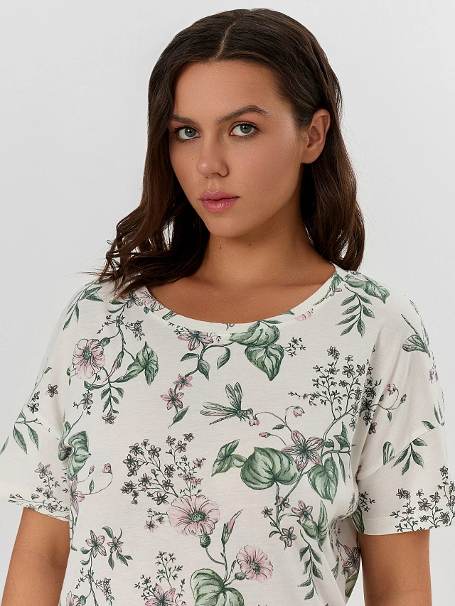 Сорочка ночная женская кремовая с цветочным принтом - 3