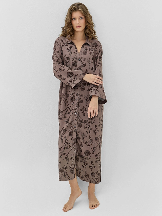 Платье женское домашнее коричневое с цветочным принтом - 4