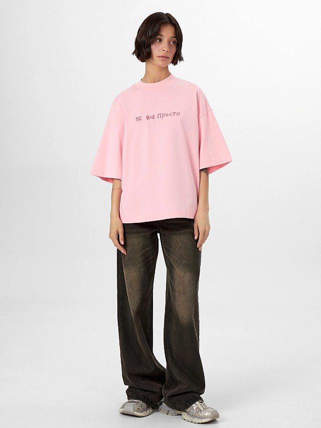 Футболка женская розовая с вышивкой "не все просто" - 3