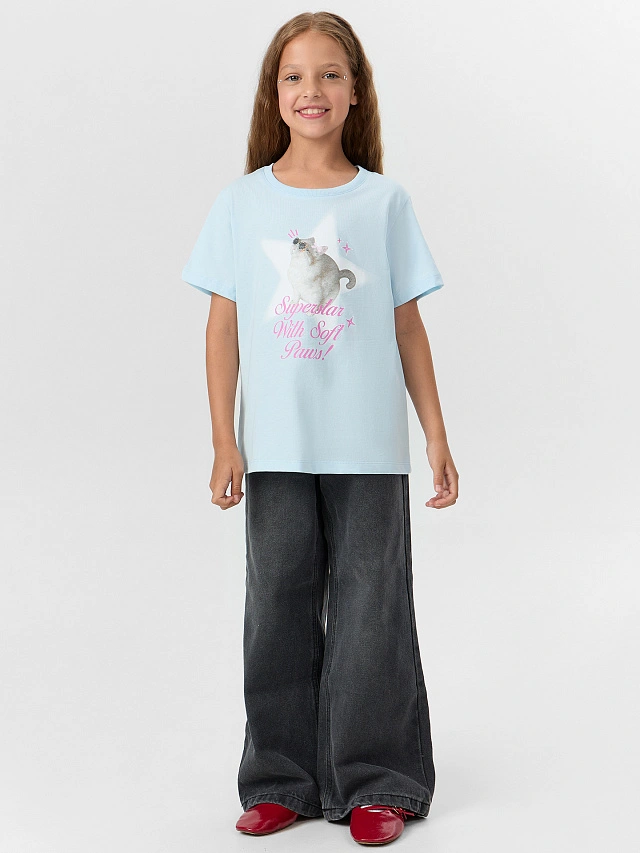 Футболка для девочек голубая с принтом и надписью "superstar" - 4
