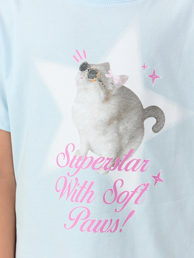 Футболка для девочек голубая с принтом и надписью "superstar" - 5