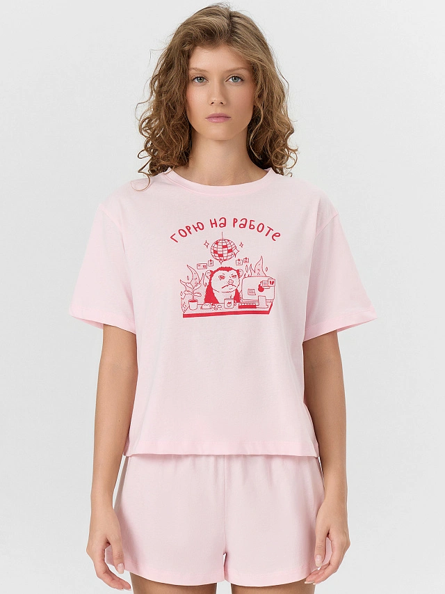 Комплект домашний женский розовый с принтом и надписью "горю на работе" - 3