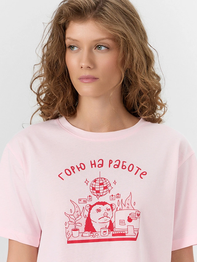 Комплект домашний женский розовый с принтом и надписью "горю на работе" - 6