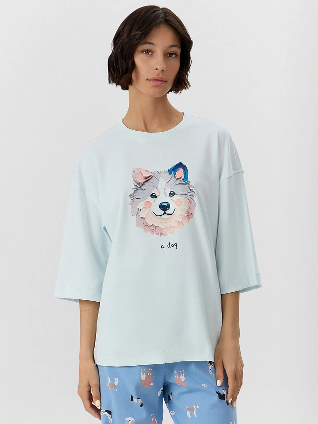 Комплект домашний женский голубой с рисунком собачки - 4