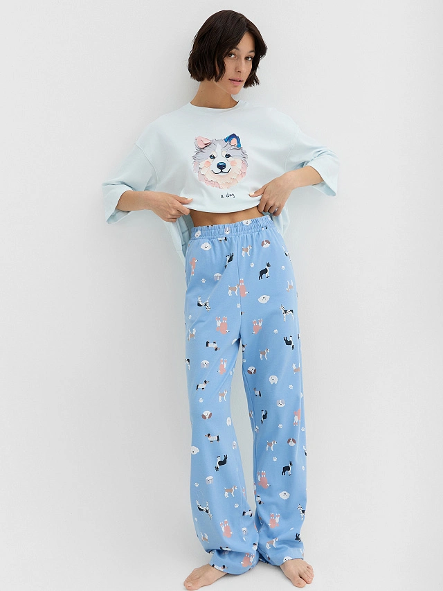 Комплект домашний женский голубой с рисунком собачки - 8