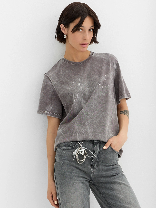 Футболка женская серая со стразами - 6