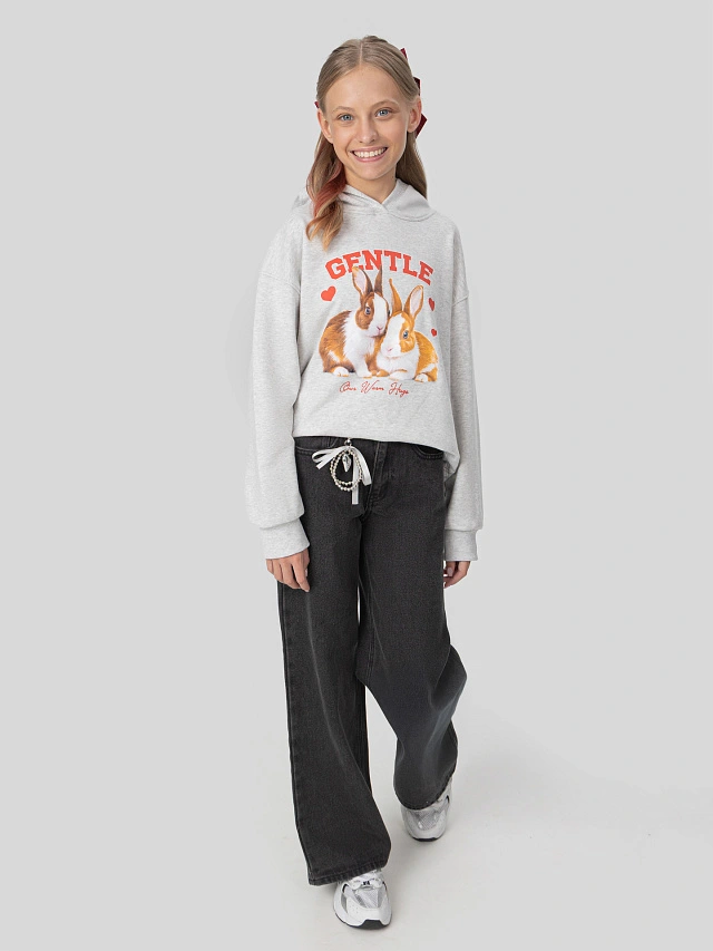 Худи для девочек серое с принтом и надписью "gentle" - 8