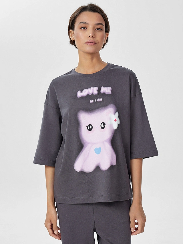 Комплект домашний серый с принтом "Love me" - 4