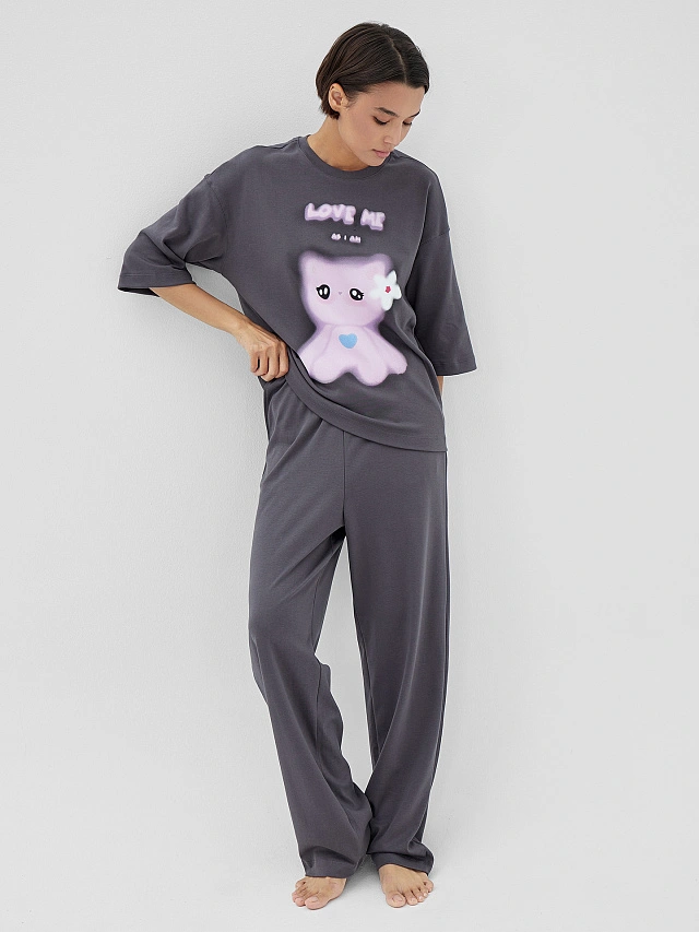 Комплект домашний серый с принтом "Love me" - 9