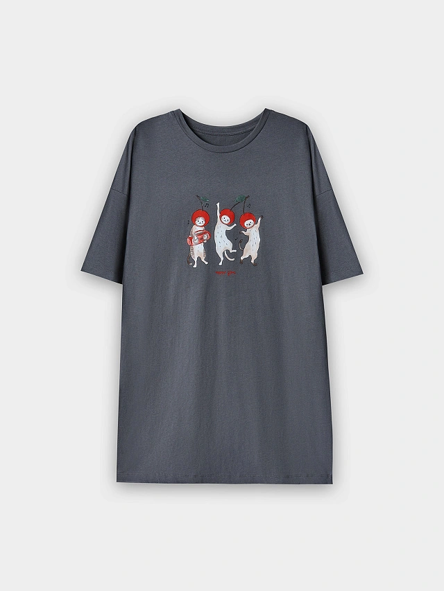 Туника домашняя женская серая с принтом и надписью - 5