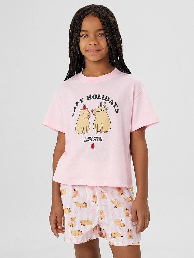 Комплект домашний для девочек с надписью "Capy Holidays" - 4