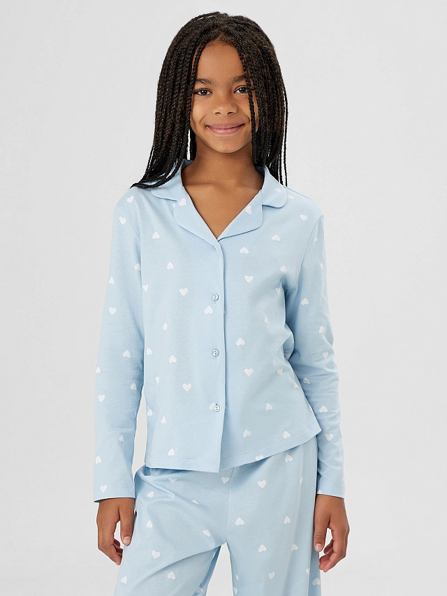 Комплект для девочек голубой с принтом сердечки - 4