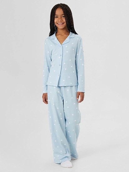 картинка Комплект для девочек голубой с принтом сердечки от известного бренда одежды для девочек Mark Formelle