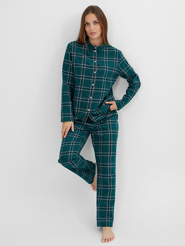 Комплект женский домашний зеленый в клетку - 7