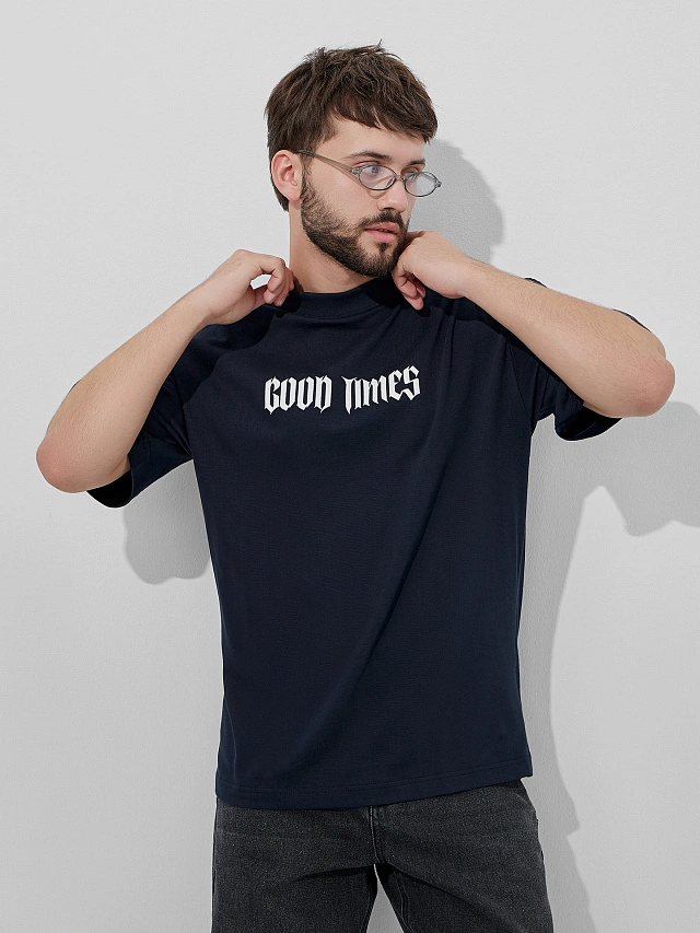 Футболка мужская синяя с надписью "Good times" - 6