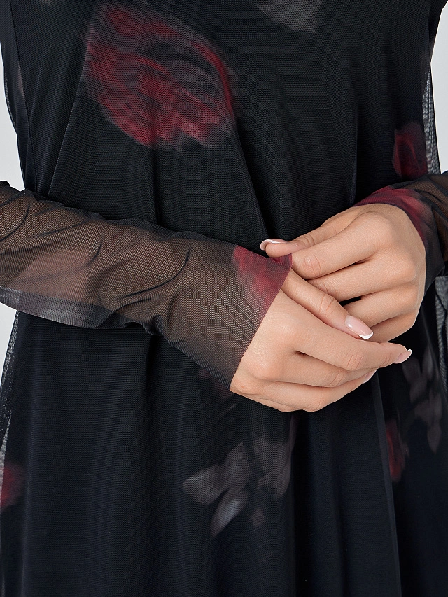 Платье женское черное с узором роз - 5