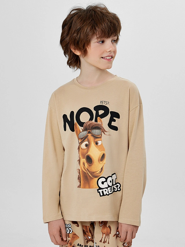 Комплект для мальчиков бежевый с принтом лошадей - 3