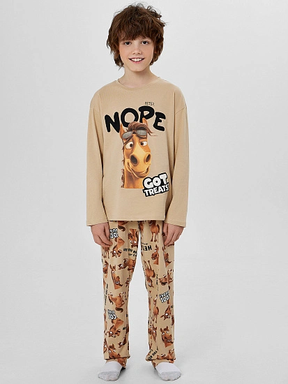 картинка Комплект для мальчиков бежевый с принтом лошадей от магазина одежды для мальчиков от бренда Mark Formelle