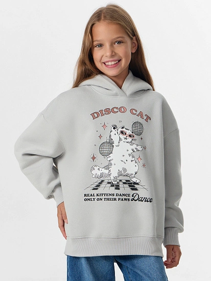 картинка Худи для девочек серое с надписью "Disco cat" от известного бренда одежды для девочек Mark Formelle
