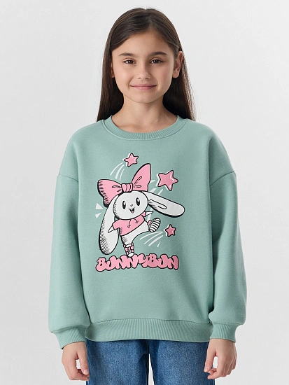 картинка Свитшот для девочек зеленый с надписью "Bunnybun" от известного бренда одежды для девочек Mark Formelle