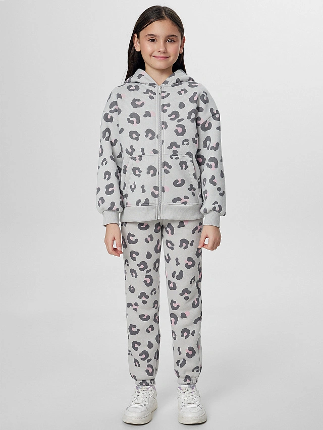 Теплые брюки для девочек серые с леопардовым принтом - 5