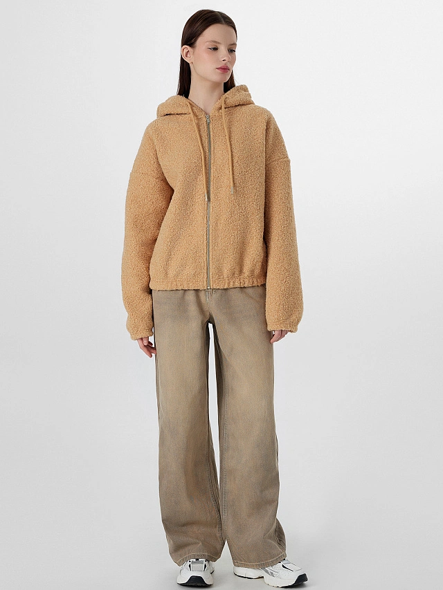 Толстовка женская бежевая на молнии с капюшоном - 4