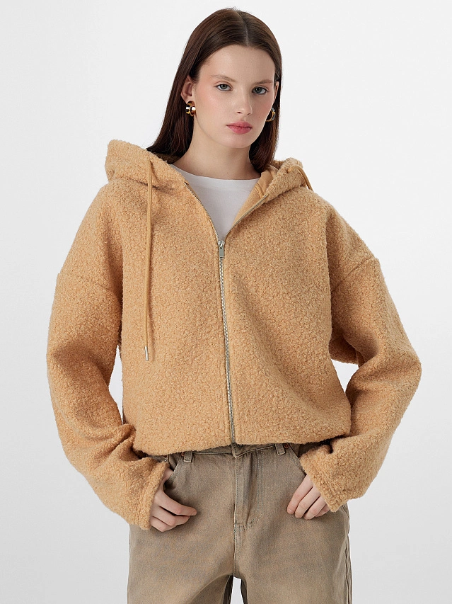 Толстовка женская бежевая на молнии с капюшоном - 8