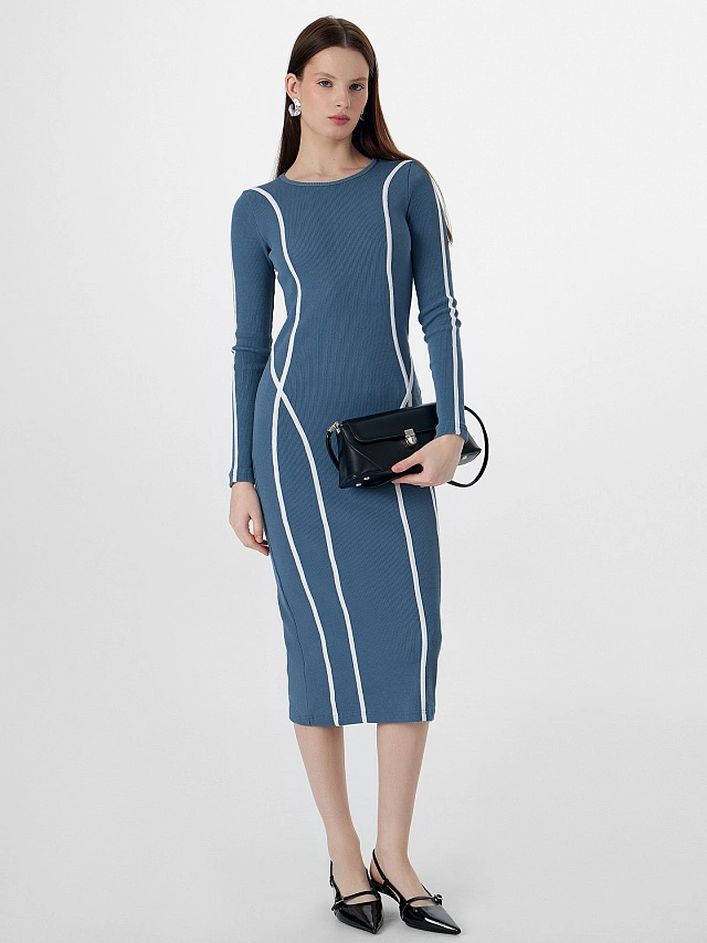 Платье женское синее с декоративными лампасами - 6