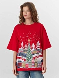 Футболка женская красная с новогодним принтом