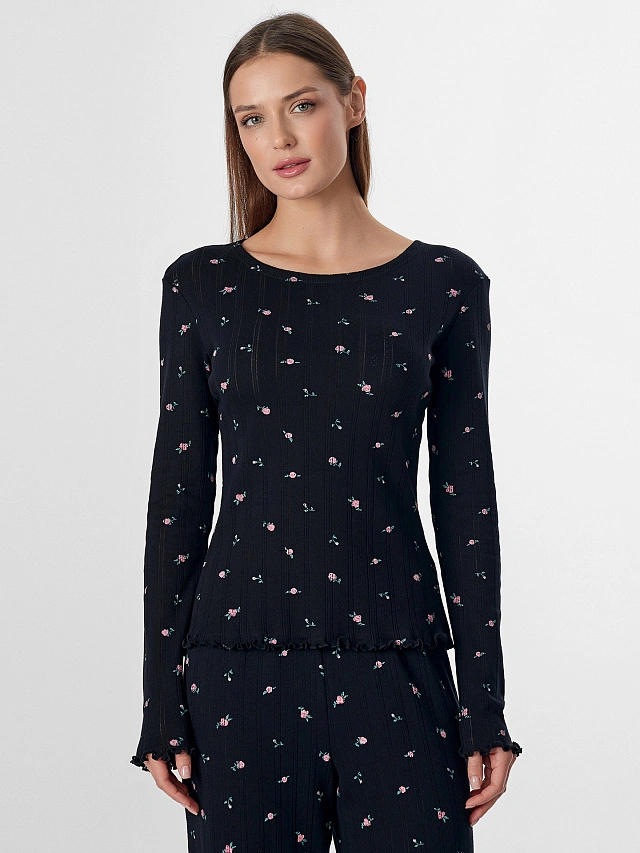 Комплект домашний женский черный с цветочным принтом - 4