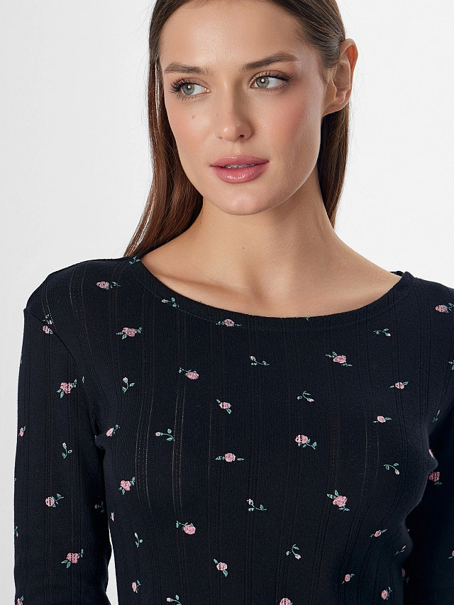 Комплект домашний женский черный с цветочным принтом - 5