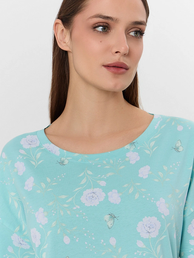 Сорочка ночная женская зеленая с цветочным принтом - 4